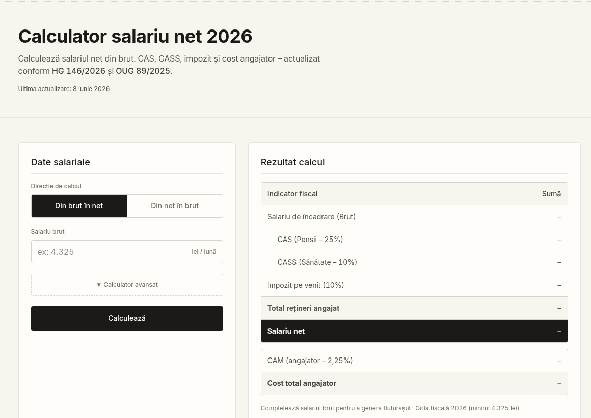 Calculator salariu net 2026